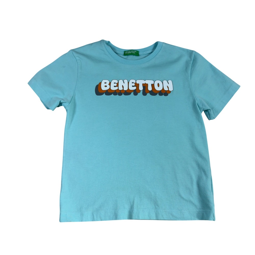 United Colors of Benetton Kids Aqua Blue Graphic Logo T-Shirt Size 4-5Y 110cm